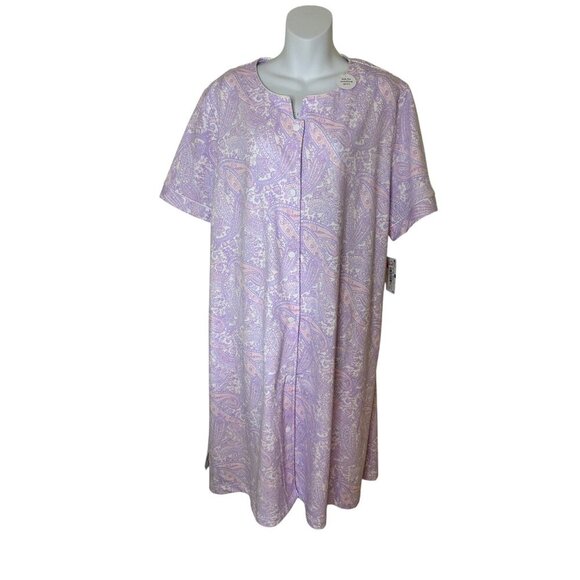 Miss Elaine Womens Paisley Snap Front Large Cotton/ Poly Short Sleeve Robe Purpl - Picture 1 of 8